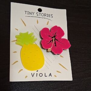Pink Hibiscus and Yellow Pineapple Brooch Set